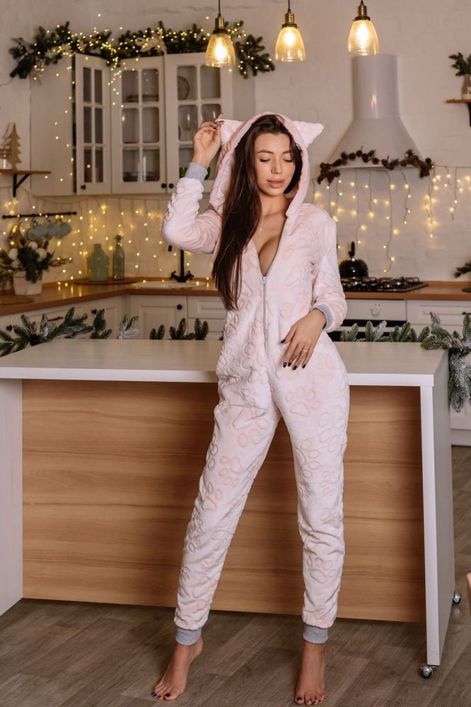 Теплая женская пижама с карманом на попе и капюшоном SweetJama Frozy Лапки персик XS 55839 фото