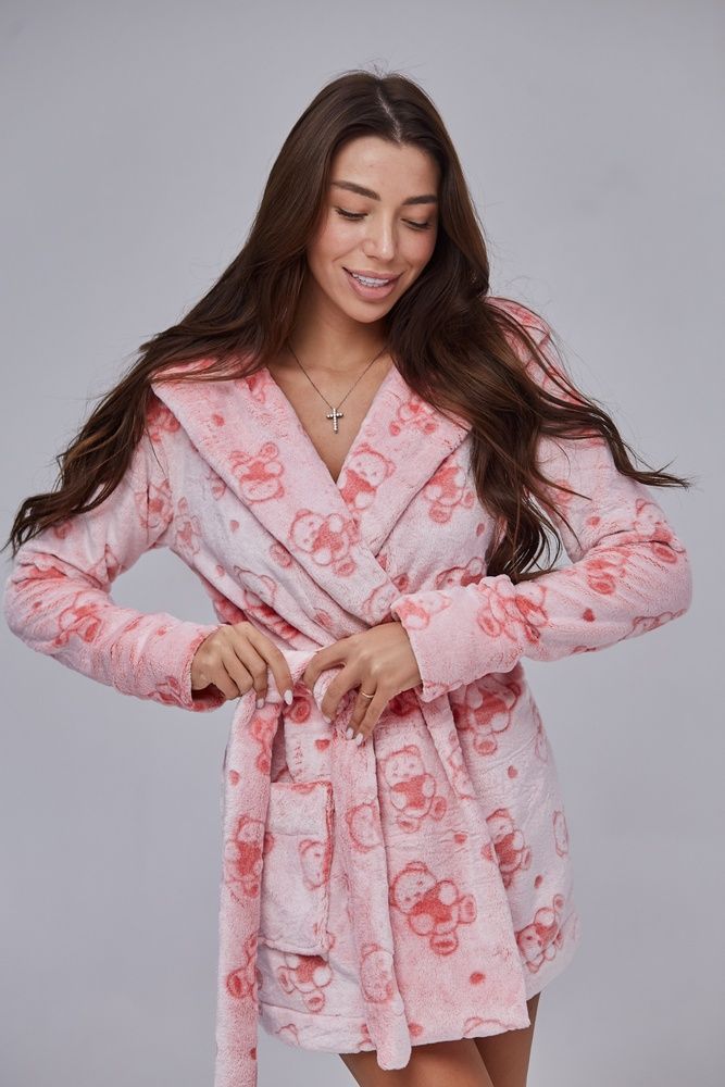 Махровый  женский халат SweetJama короткий Малиновые мишки 56653 фото