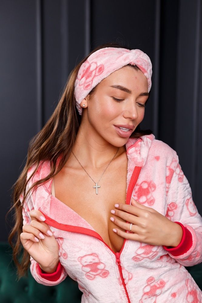 Теплая женская пижама с карманом на попе и капюшоном SweetJama Frozy Малиновые Мишки 56579 фото