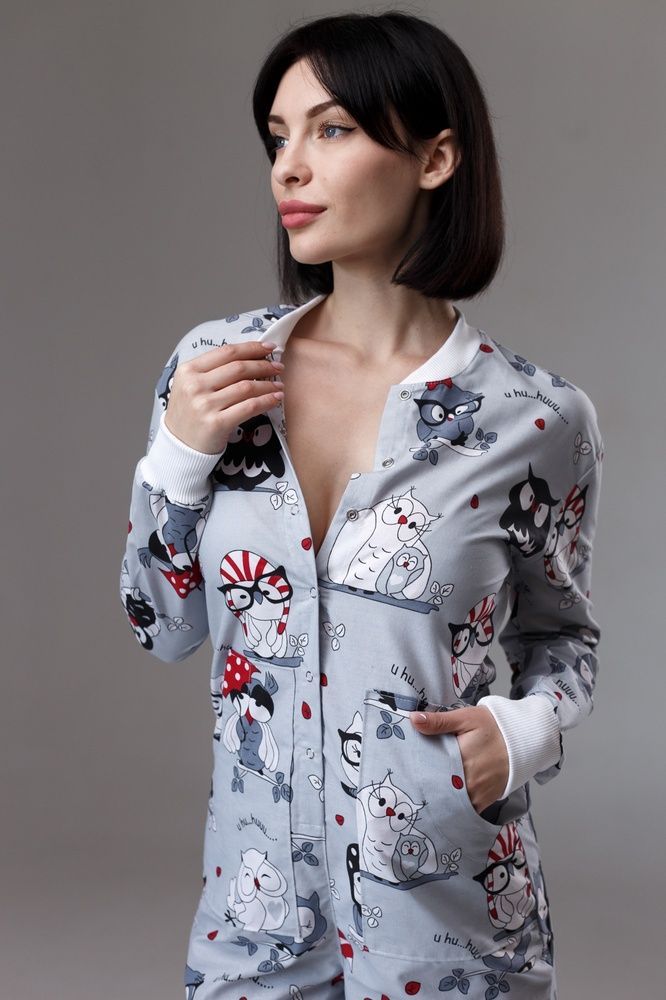 Жіноча піжама з кишенею на попі Sweetjama Совушки сірі Лайт 56542 фото
